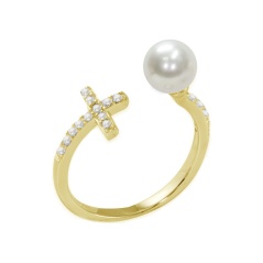 Mayumi Anello - argento 925 - color oro - perla di acqua dolce -6.5 mm - zirconi cubici
