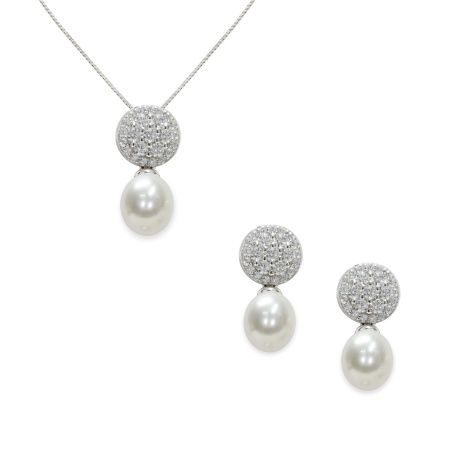 Mayumi Completo collana orecchini - argento 925 - zirconi - perle di acqua dolce 7.5 - 8 mm