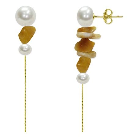 Mayumi Orecchini pendenti - argento 925 placcato oro - perle di acqua dolce semisferica e giada - Ø 6 cm