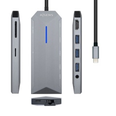 USB Hub Aisens USB-C Dock 9 en 1, USB-C a 1x HDMI, 1xRJ45, 3x USB, 1x PD, 1x Audio, 1x SD, 1x Micro SD, Gris, 15 cm
