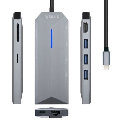 USB Hub Aisens USB-C dock 8 en 1, USB-C a 1xHDMI, 1xRJ45, 3xUSB, 1xPD, 1xSD, 1xMicroSD, Gris, 15 cm