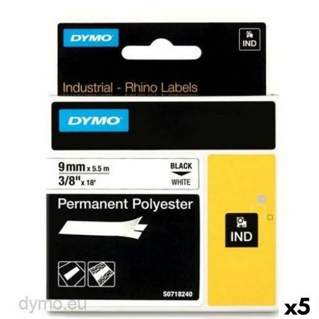 Nastro Laminato per Etichettatrici Rhino Dymo ID1-9 9 x 5,5 mm Nero Poliestere Bianco (5 Unità)