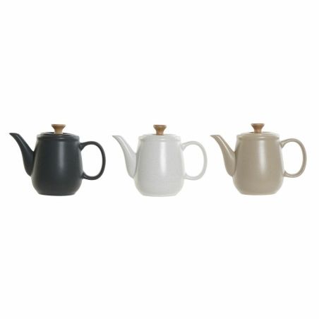 Teapot DKD Home Decor White Beige Natural Dark grey Rubber wood Plastic Stoneware 1 L 23 x 12 x 16,5 cm (3 Units)