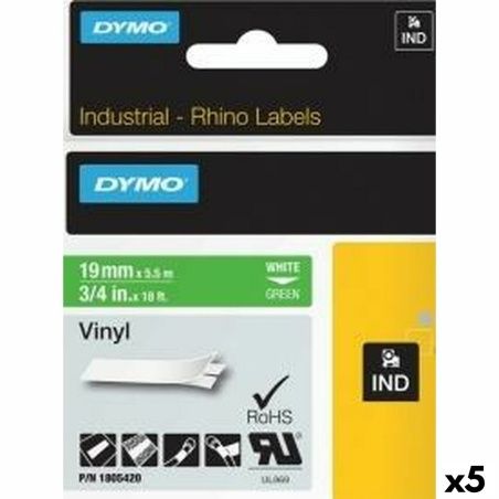 Laminated Tape for Labelling Machines Rhino Dymo ID1-19 19 x 5,5 mm White Green Stick Self-adhesives (5 Units)