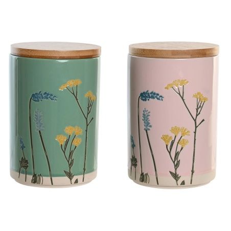 Tin DKD Home Decor 11,5 x 11,5 x 17,5 cm Floral Pink Green Bamboo Stoneware Shabby Chic (2 Units)