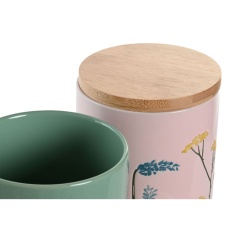 Tin DKD Home Decor 11,5 x 11,5 x 17,5 cm Floral Pink Green Bamboo Stoneware Shabby Chic (2 Units)
