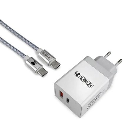 Wall Charger + USB A to USB C Cable Subblim CARGADOR ULTRA RAPIDO 2xUSB DE PARED PD18W+2.4A + Cable C to C Blanco