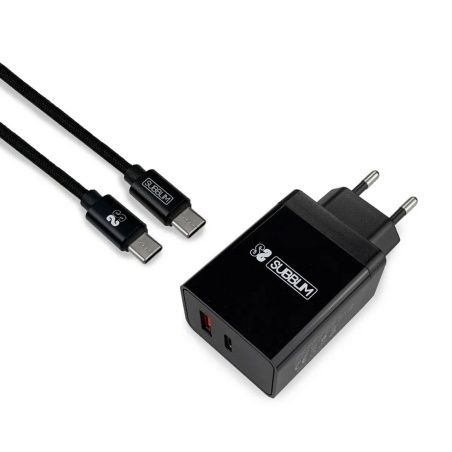 Wall Charger + USB A to USB C Cable Subblim CARGADOR ULTRA RAPIDO 2xUSB DE PARED PD18W+2.4A + Cable C to C Negro