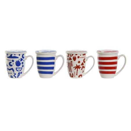 Cup with Tea Filter Home ESPRIT Blue Red Stainless steel Porcelain 380 ml (4 Units)