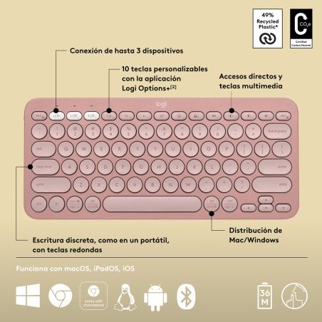 Wireless Keyboard Logitech K380s Pink Spanish Qwerty