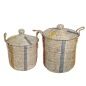 Set of Baskets Romimex Blue Beige Orange Natural Fibre With lid (2 Pieces)