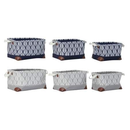 Basket set DKD Home Decor White Brown Grey Navy Blue Leaf of a plant Boho 40 x 30 x 24 cm Plastic 3 Pieces (2 Units)