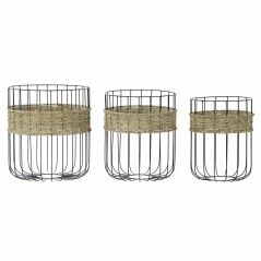 Basket set DKD Home Decor Black Natural Metal Natural Fibre 35 x 35 x 40 cm 3 Pieces