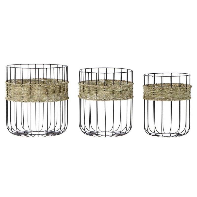 Basket set DKD Home Decor Black Natural Metal Natural Fibre 35 x 35 x 40 cm 3 Pieces