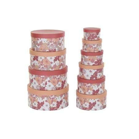 Set di Scatole per Sistemare Impilabili DKD Home Decor Fiori Righe Fucsia Bianco Pesca Cartone (37,5 x 37,5 x 18 cm)