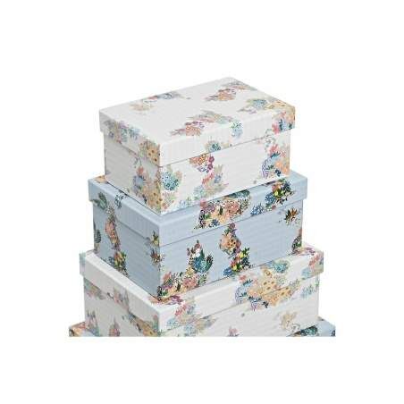 Set di Scatole per Sistemare Impilabili DKD Home Decor Azzurro Bianco Fiori Cartone (43,5 x 33,5 x 15,5 cm)