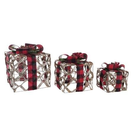 Set di Scatole Decorative DKD Home Decor LED Argentato Nero Rosso Rosso/Nero Rattan Porporina 25 x 25 x 30 cm (3 Pezzi)