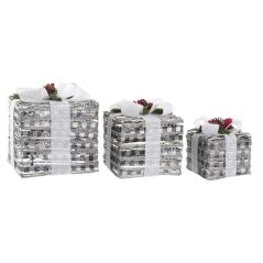 Set di Scatole Decorative DKD Home Decor LED Bianco Rosso Verde Argentato Metallo Nevoso 25 x 25 x 29 cm (3 Pezzi)