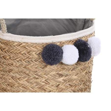 Basket set DKD Home Decor Natural Cotton Pompoms Natural Fibre (40 x 40 x 35 cm)