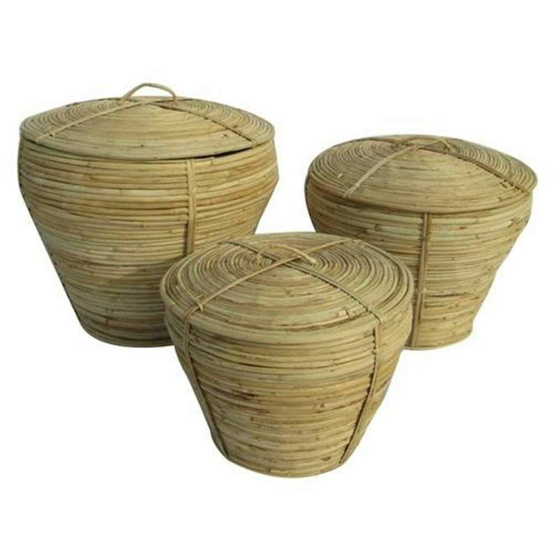 Set di Cestini DKD Home Decor Con coperchio Naturale Rattan Tropicale (3 Pezzi) (35 x 35 x 30 cm)