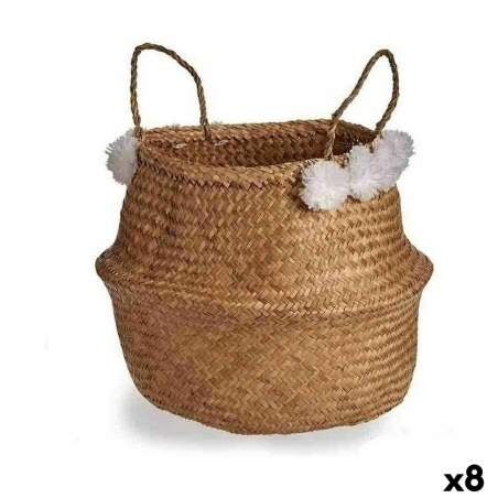 Decorative basket Pompoms White Natural Rushes 8 L 32 x 30 x 32 cm (8 Units)