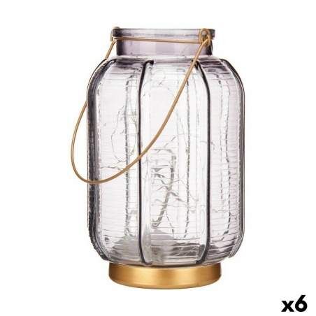 LED Lantern Stripes Grey Golden Glass 13,5 x 22 x 13,5 cm (6 Units)