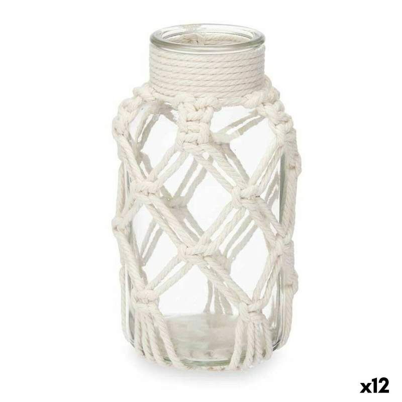 Vaso Bianco Stoffa Vetro 9 x 17 x 9 cm (12 Unità) Macramé