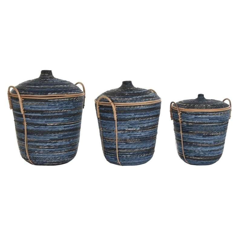 Set di Cestini DKD Home Decor Azzurro Nero Boho 51 x 51 x 65 cm 3 Pezzi