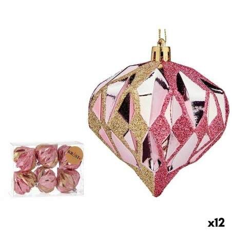 Set di palline di Natale Diamante Rosa Dorato Plastica 8 x 9 x 8 cm (12 Unità)