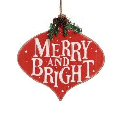 Christmas bauble Merry and Bright Sign Pendant Red Plastic MDF Wood 30 x 3,5 x 30 cm (12 Units)