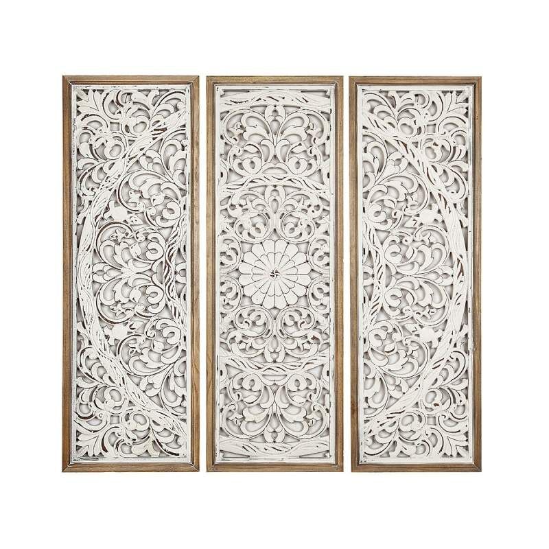 Set di 3 quadri Romimex Bianco Naturale Legno MDF 30 x 90 x 4 cm