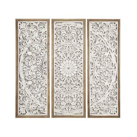 Set di 3 quadri Romimex Bianco Naturale Legno MDF 30 x 90 x 4 cm