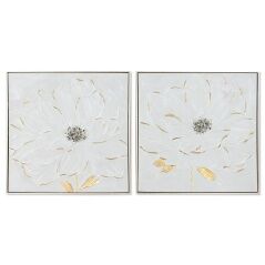 Painting Home ESPRIT White Golden polystyrene Canvas Flower Shabby Chic 62 x 4,5 x 62 cm (2 Units)