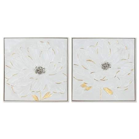 Quadro Home ESPRIT Bianco Dorato polistirene Tela Fiore Shabby Chic 62 x 4,5 x 62 cm (2 Unità)