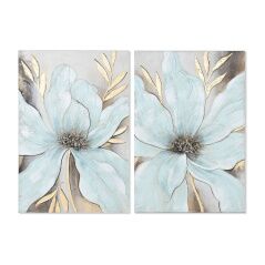 Painting Home ESPRIT Blue Golden Canvas MDF Wood Flower Shabby Chic 60 x 3 x 90 cm (2 Units)