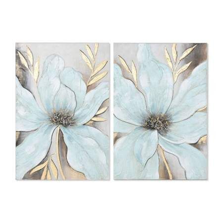 Quadro Home ESPRIT Azzurro Dorato Tela Legno MDF Fiore Shabby Chic 60 x 3 x 90 cm (2 Unità)